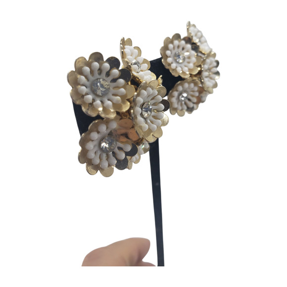 Vintage RARE Coro Clip-On Earrings White Daisy Cluster Rhinestone Center - Picture 7 of 15